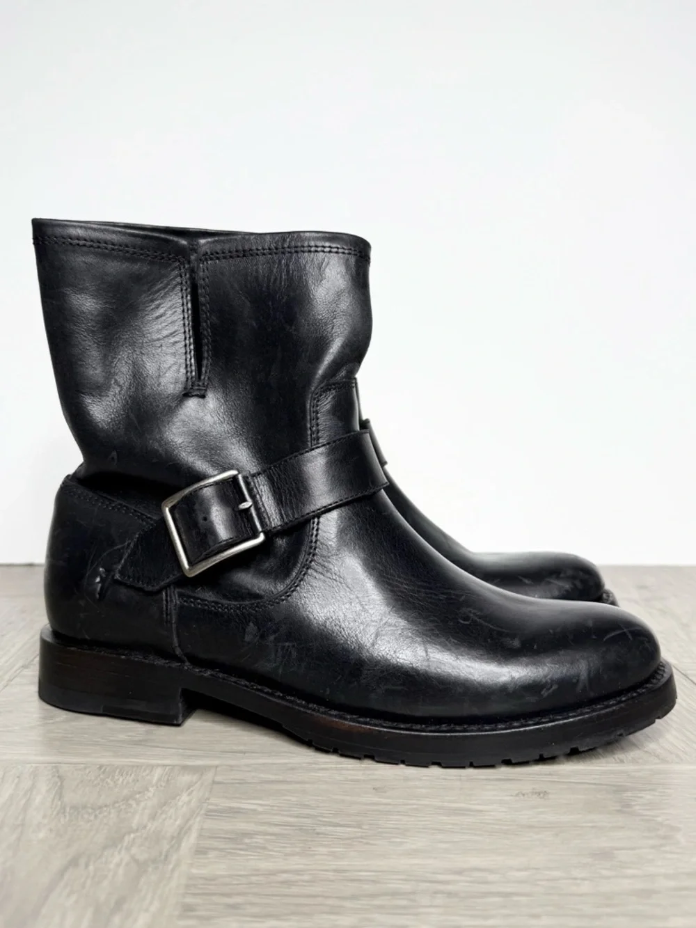 Frye Natalie Engineer Black Leather Buckle Boot 7B